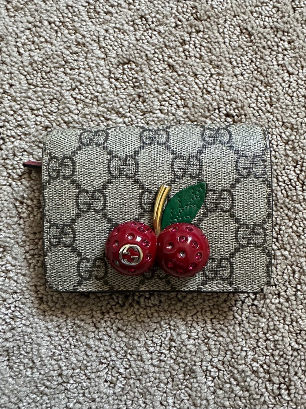Gucci Beige Monogram Wallet with Red Cherry Appliqué